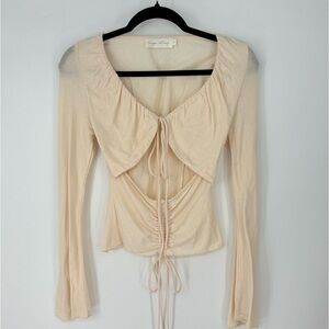 Beige Botany Cream Cutout Lace Up Flare Long Sleeve Bohemian Neutral Top